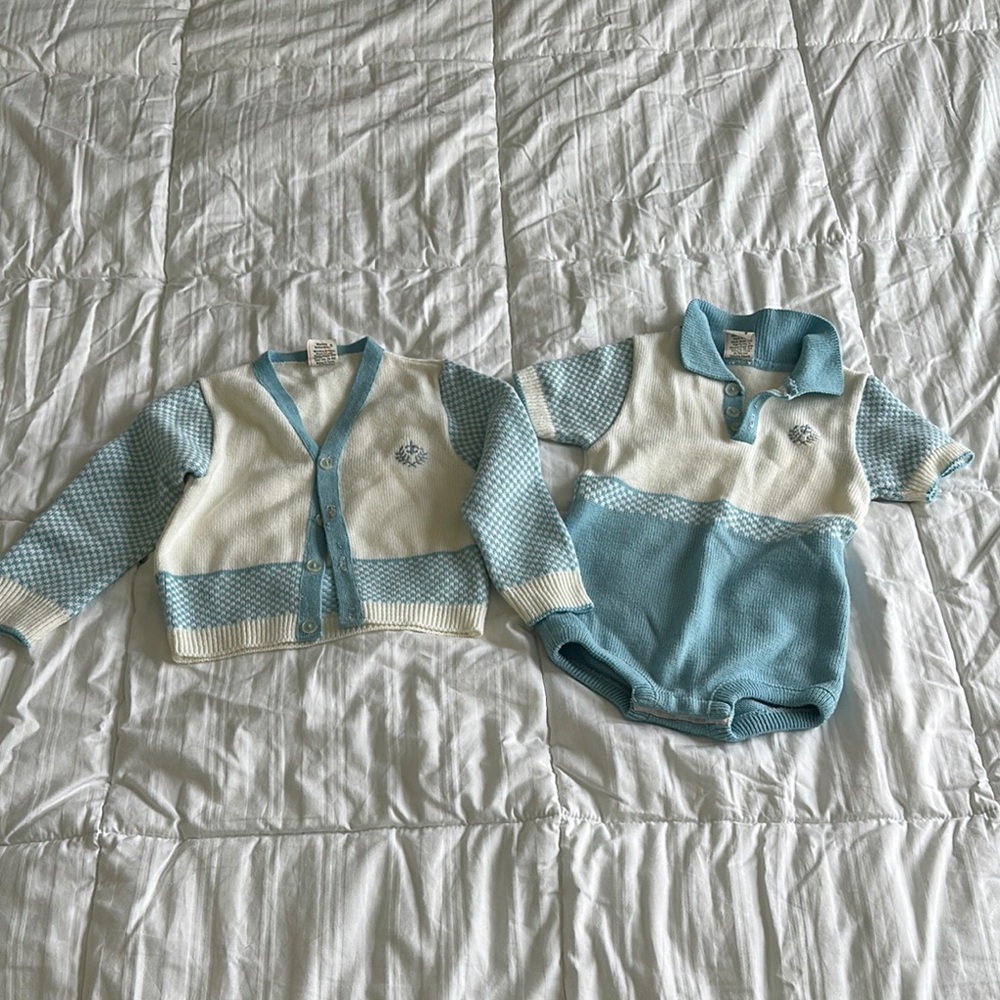 Vintage Baby Blue and White Knit Matching Set